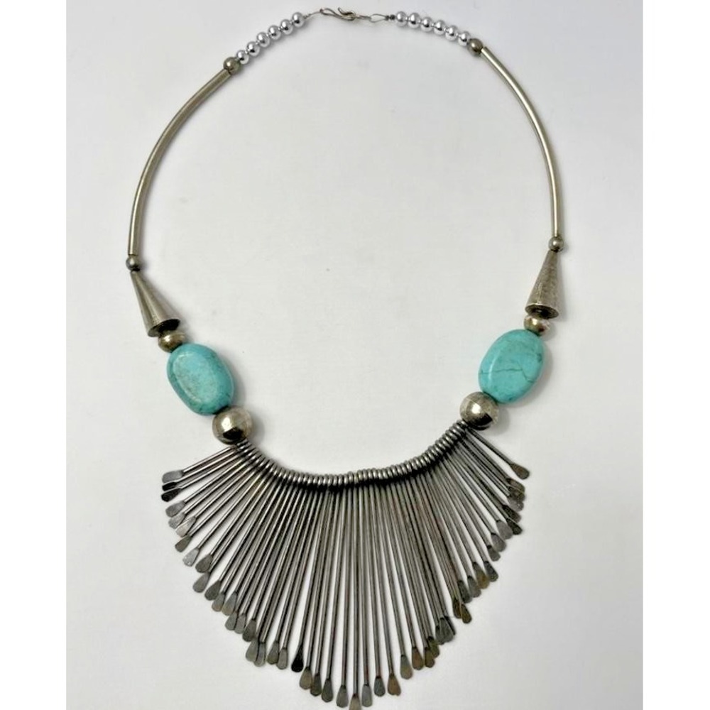 Vintage Fringe Statement Necklace Faux Turquoise Silver Tone 21.5" Boho Beaded - Picture 2 of 9
